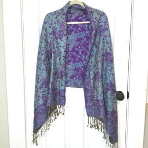 Pashmina Reversible Paisley Scarf Shawl Wrap Purple Turquoise Blue Fringe Boho